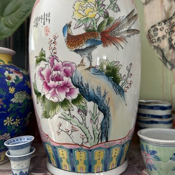 Jingdezhen Chinese Famille Rose Porcelain Vase Exotic Birds 18" Vintage - Picture 2 of 16